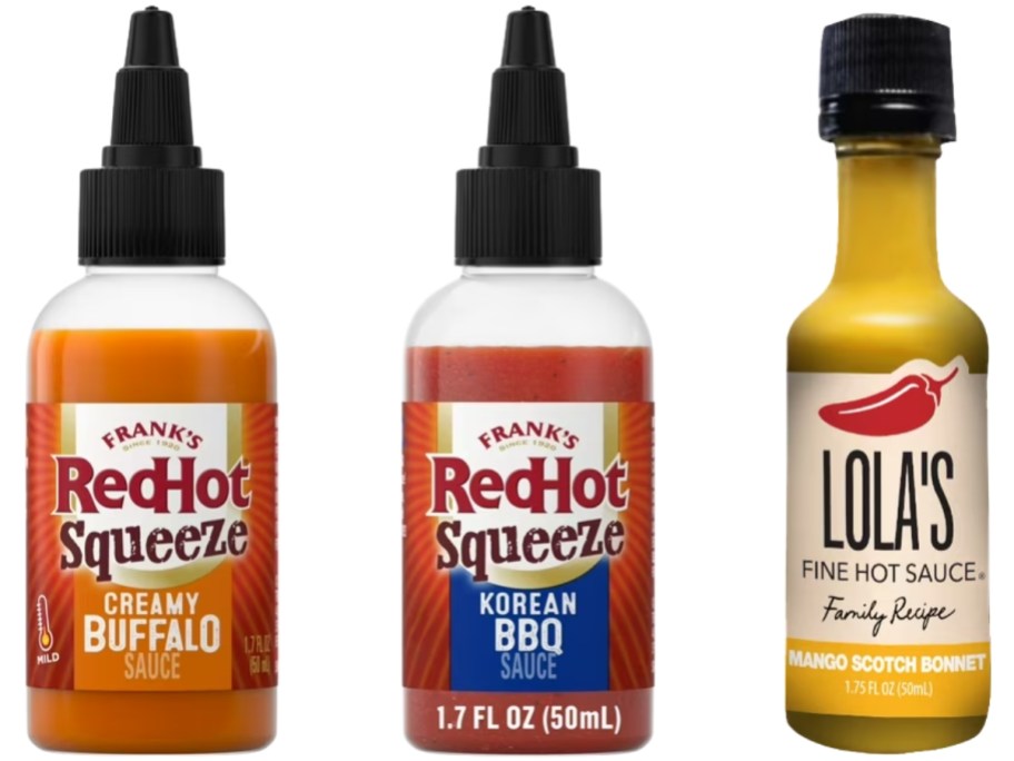 2 mini bottles of Frank's Red Hot Sauces and a mini bottle of Lola's hot sauce