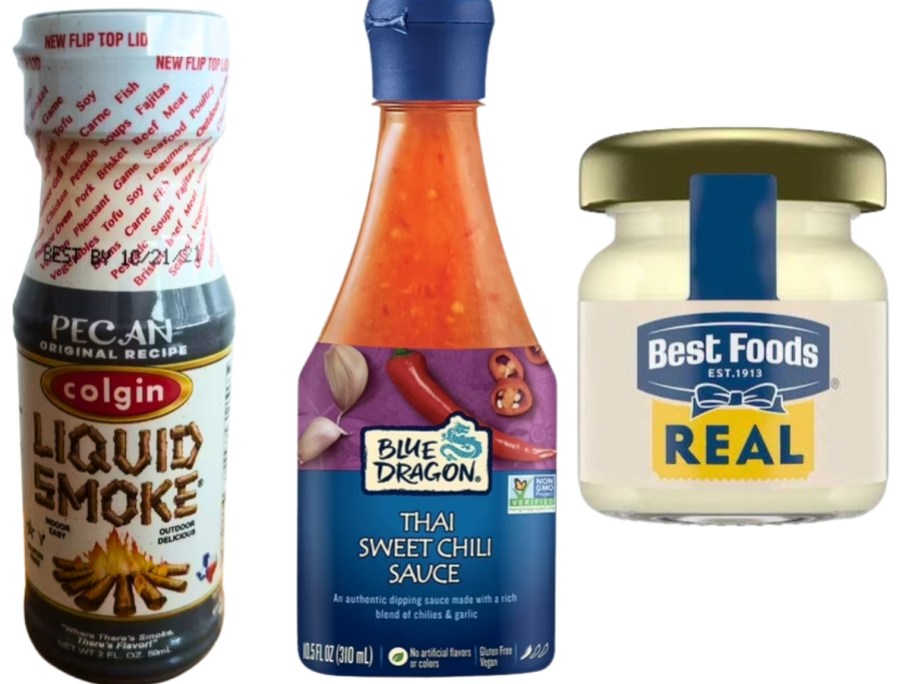 mini bottle of Colgin smoke flavoring and mini bottle of Blue Dragan Thai sauce and small jar of Best Foods mayo