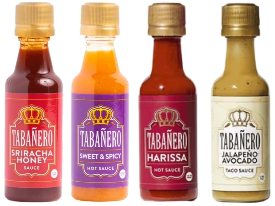four mini bottles of different flavors of Tabanero hot sauces