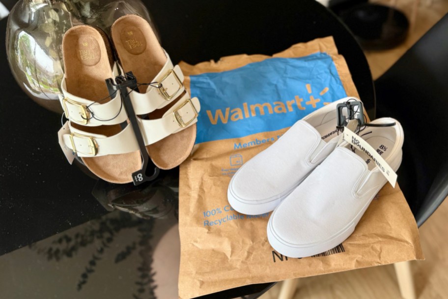 white slip on sneakers and white footbed sandals on walmart envelope