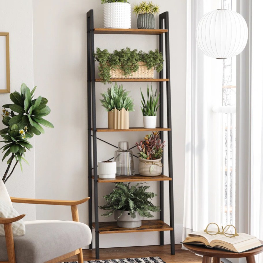 metal ladder bookcase with plants and books on it