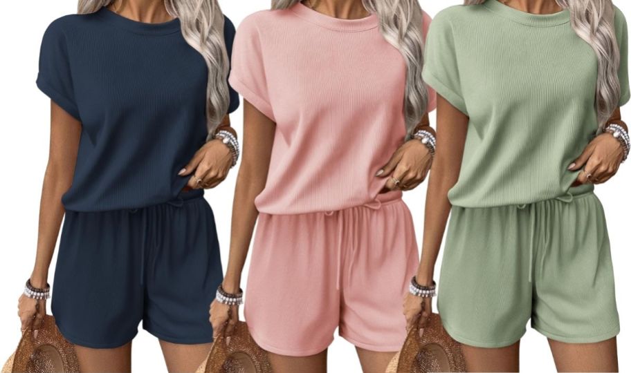 3 models wearing a short sleeve pajama set in 3 different colors