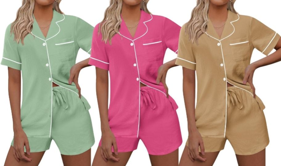 3 models wearing a short sleeve pajama set in 3 different colors