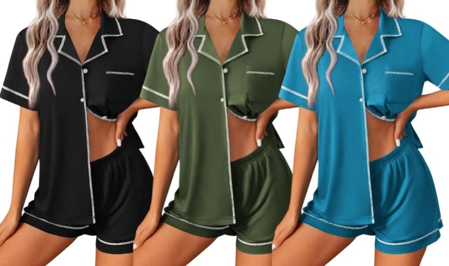 3 models wearing a short sleeve pajama set in 3 different colors
