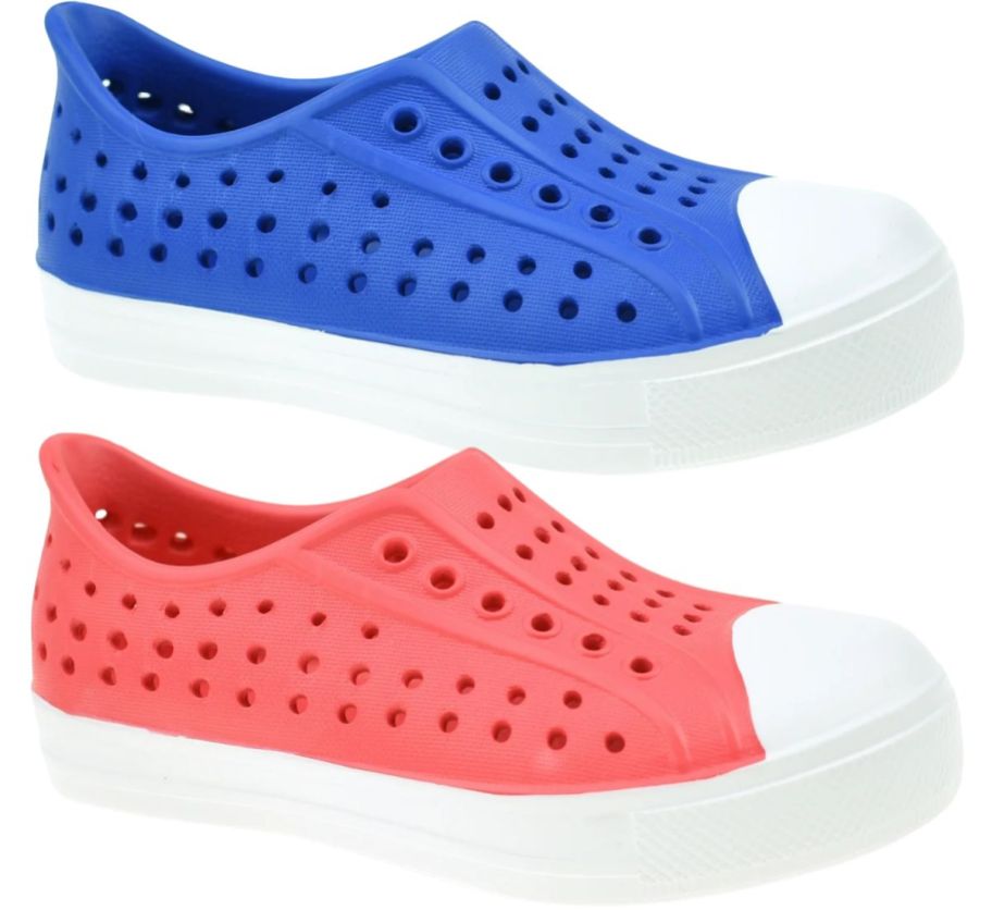 a blue and a red kids water shoe