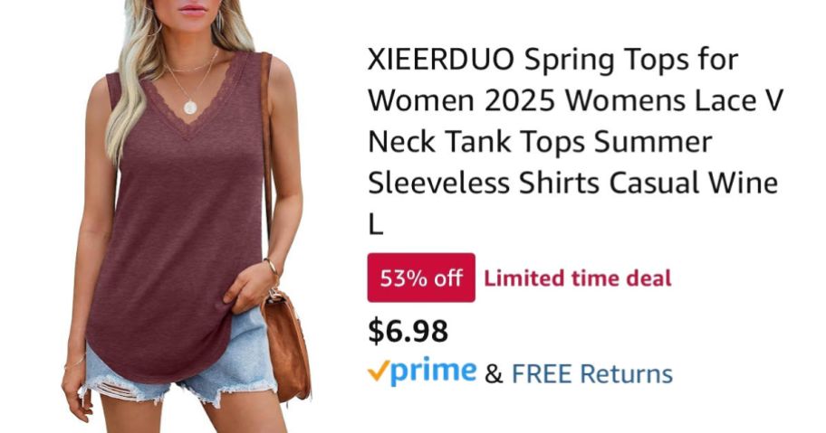 woman wearing maroon tank top next to Amazon pricing information