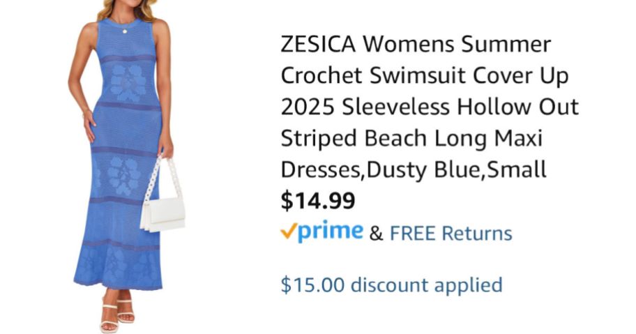 woman wearing blue dress next to Amazon pricing information