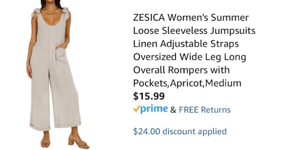 woman wearing khaki jumpsuit next to Amazon pricing information
