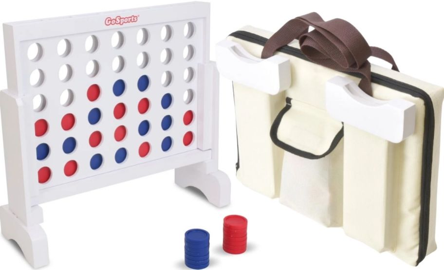 a 12 inch wooden 4 in a row game with carrying case