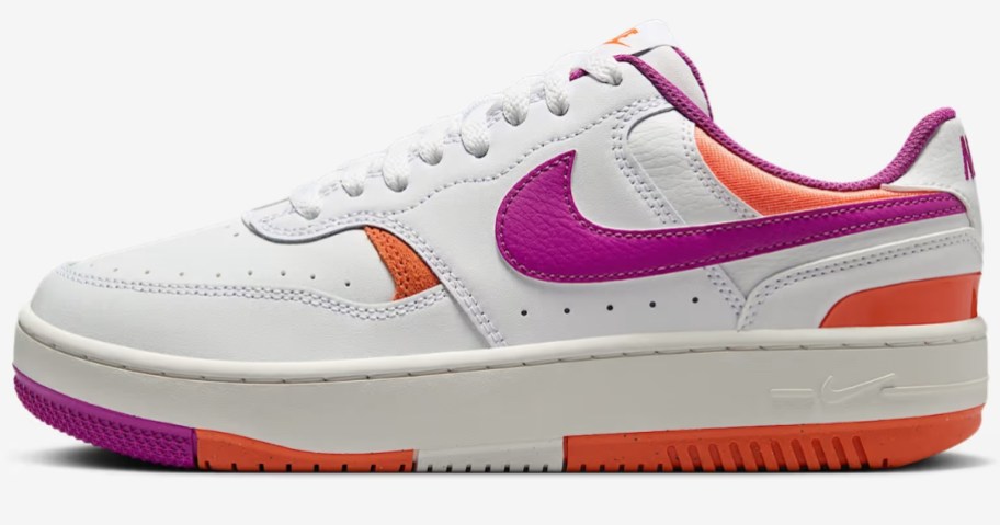 white, purple, and orange Nike women's shoe