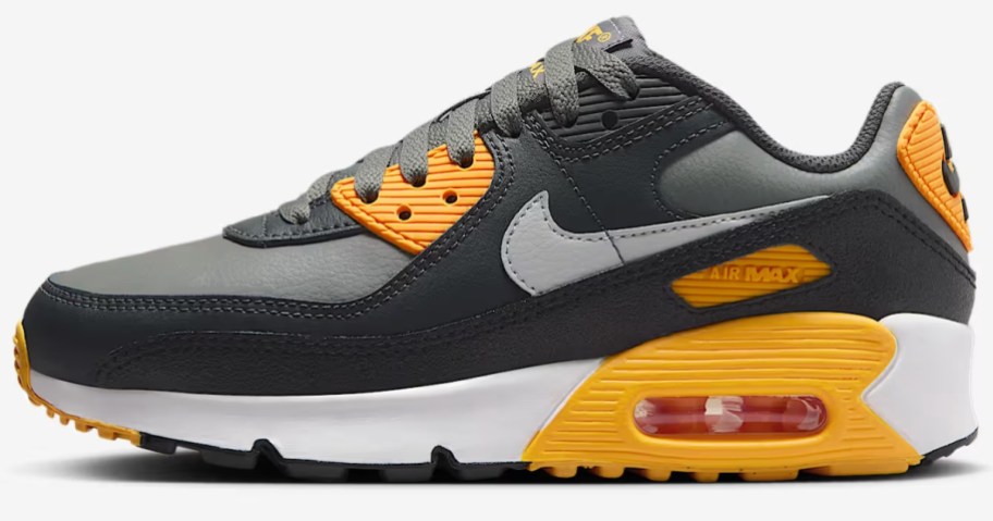 black, grey and yellow kids Nike Air Max style shoe