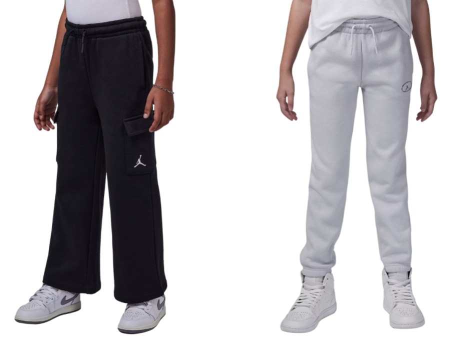 lower half of 2 kids wearing Nike Jordan pants