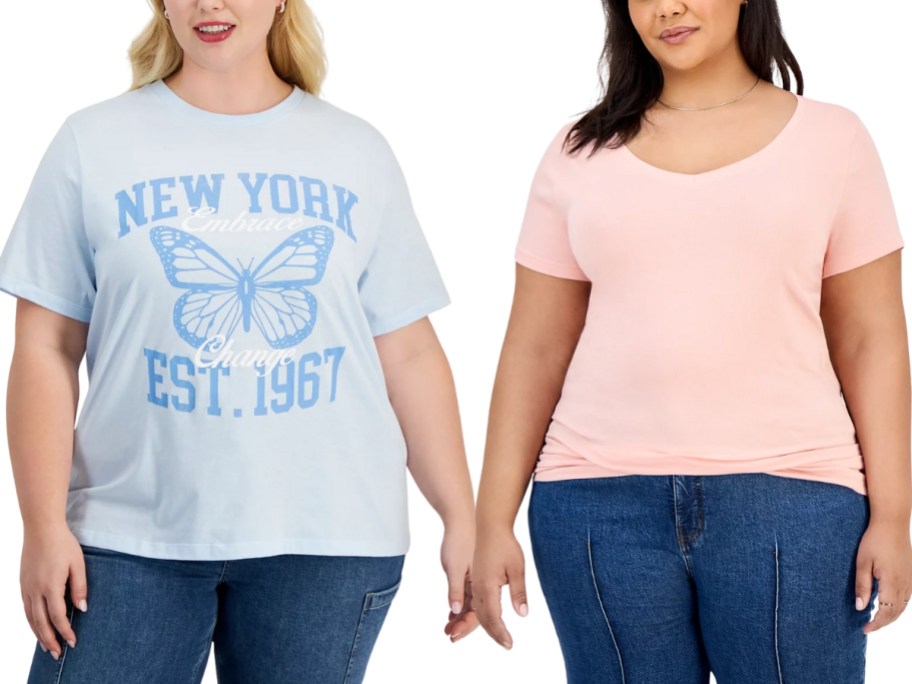 2 women wearing tshirts and jeans