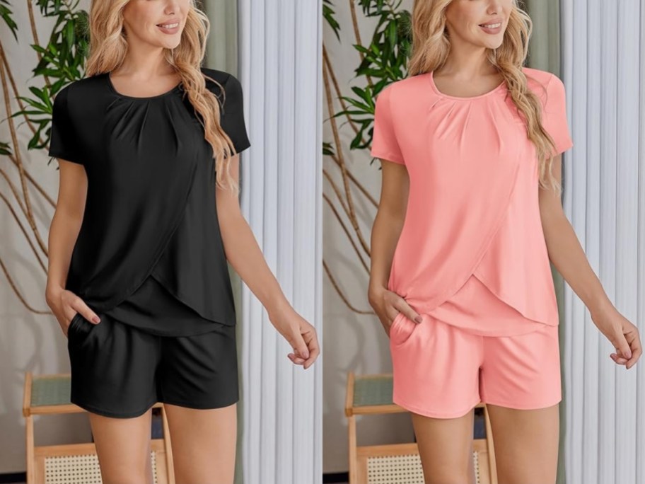 2 pregnant women wearing maternity pajamas