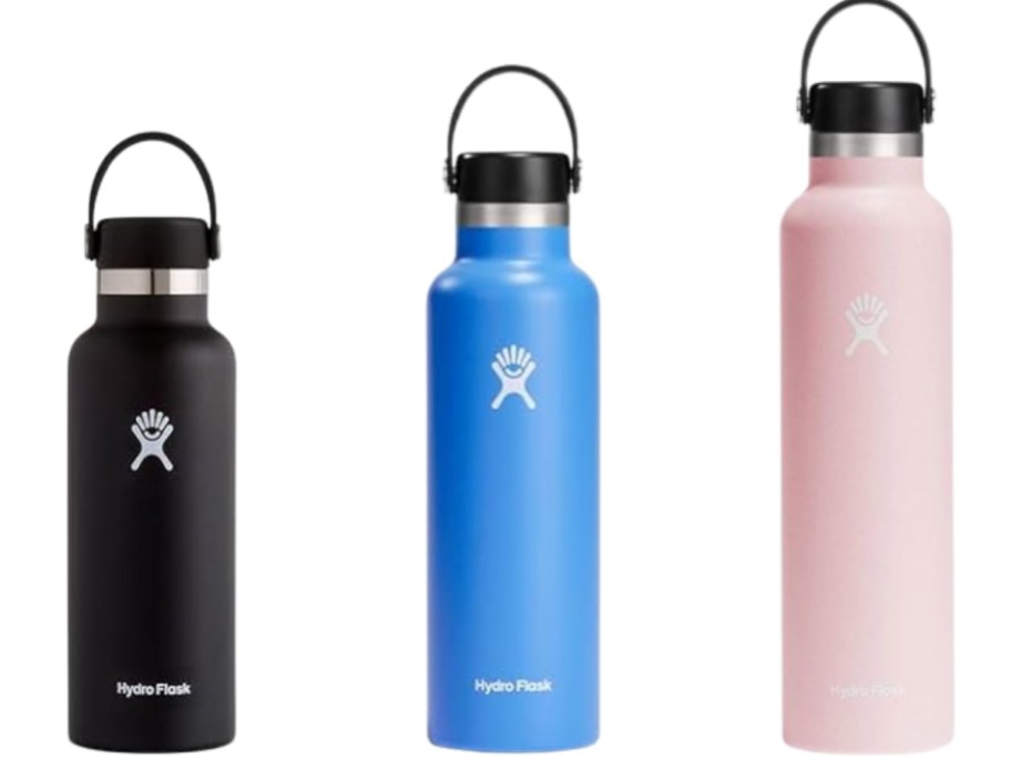 3 Hydro Flask water bottles in different sizes and colors
