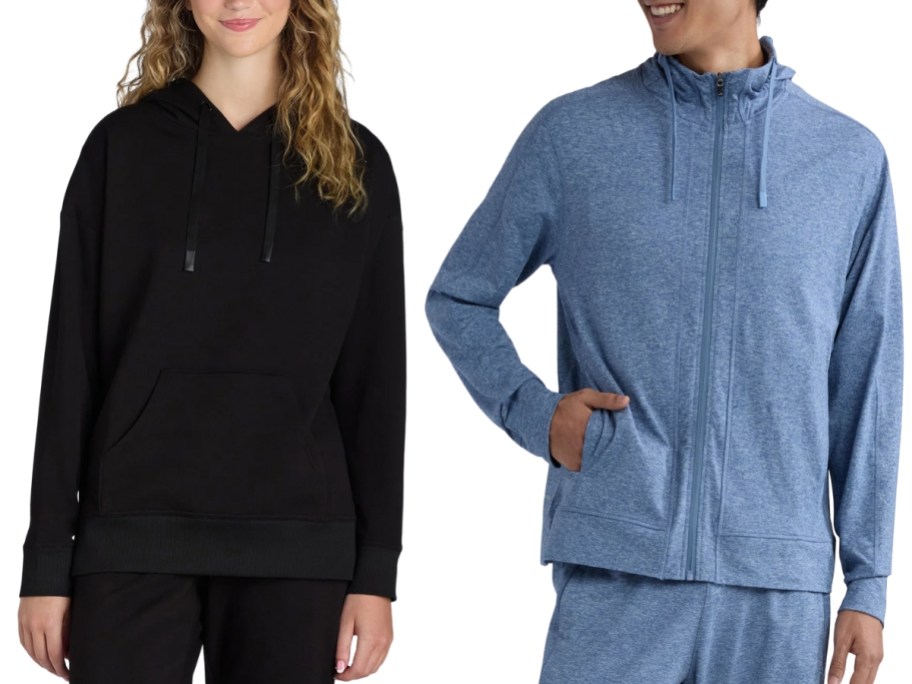 woman and man wearing hoodies