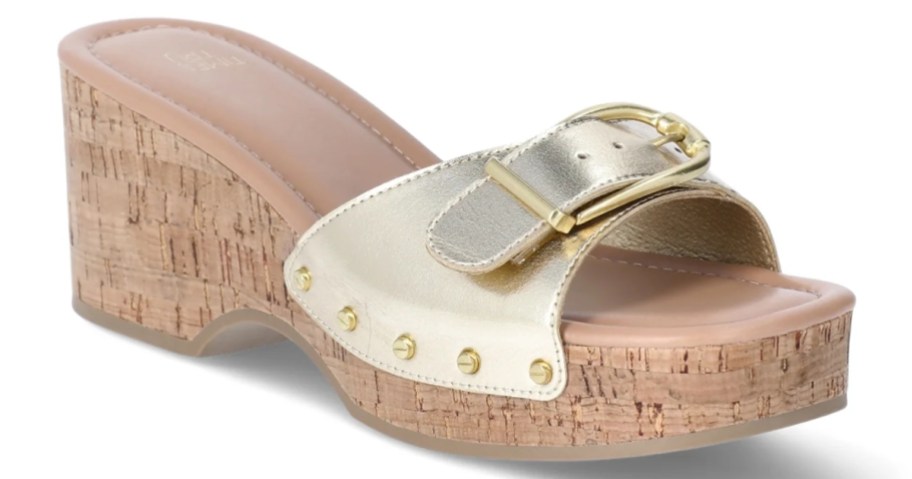 a women's sandal with a cork platform bottom and gold strap