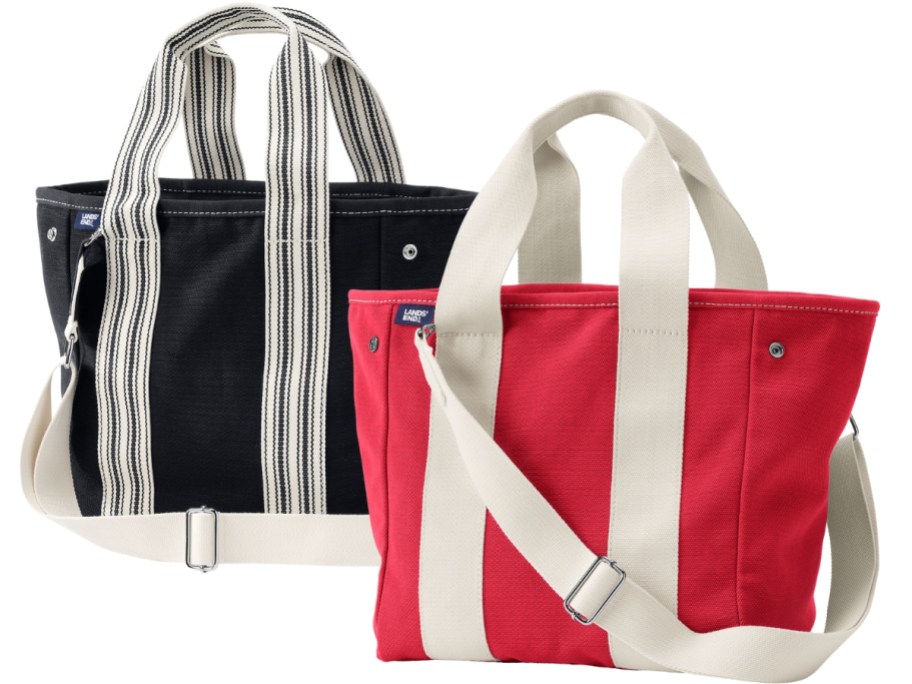 a black and a red canvas tote bags
