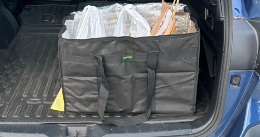a large insulated grocery tote bag with bags of groceries in an SUV trunk