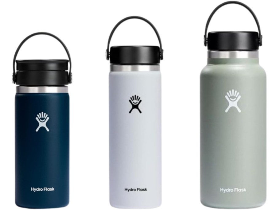 3 Hydro Flask water bottles in different sizes and colors