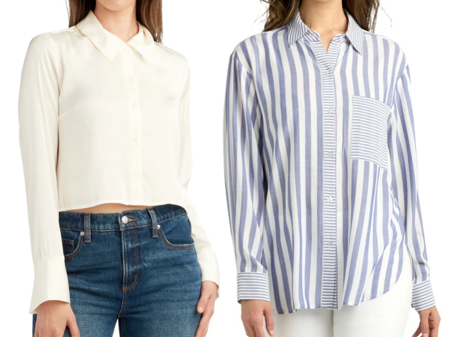 woman wearing a cropped collar shirt and jeans and woman wearing a long sleeve button down blouse and white jeans