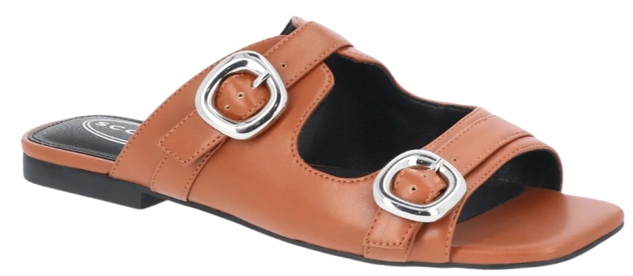 a women's brown sandal with double straps and buckles