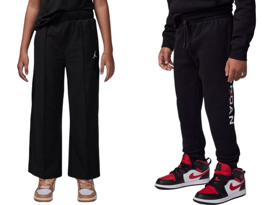 lower half of 2 kids wearing Nike Jordan pants and shoes