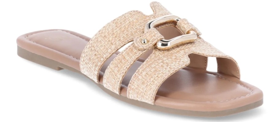 a women's tan and beige flat sandal