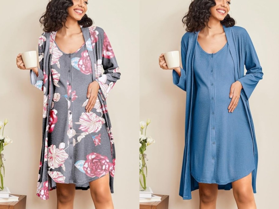 2 pregnant women wearing maternity gowns and robes