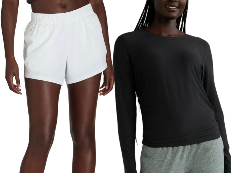 woman's legs wearing white shorts and woman wearing a black long sleeve tee