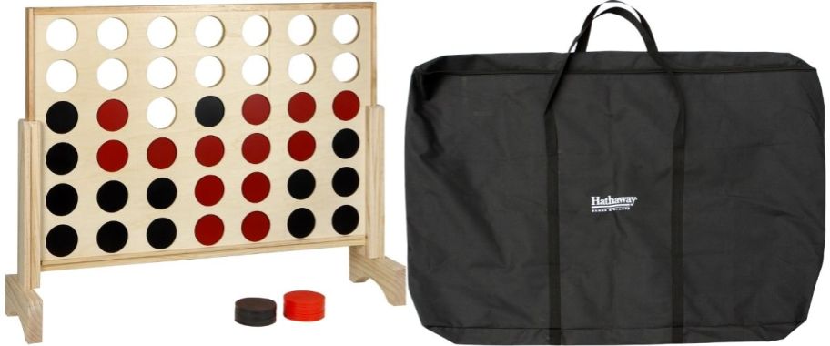 a 31 inch wooden 4 in a row game with carrying case