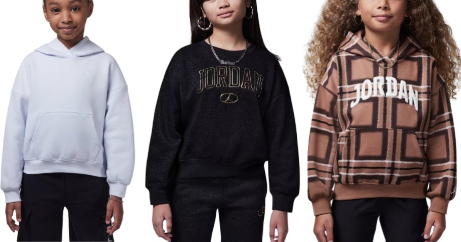 3 girls wearing different Nike Jordan hoodies and sweatshirts