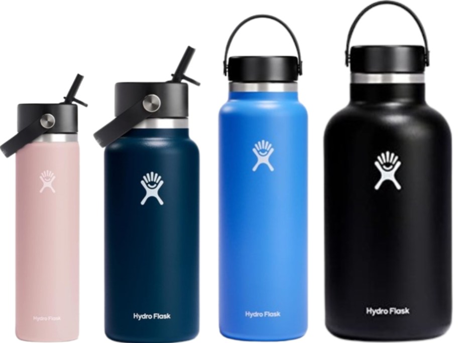4 Hydro Flask water bottles in different sizes and colors