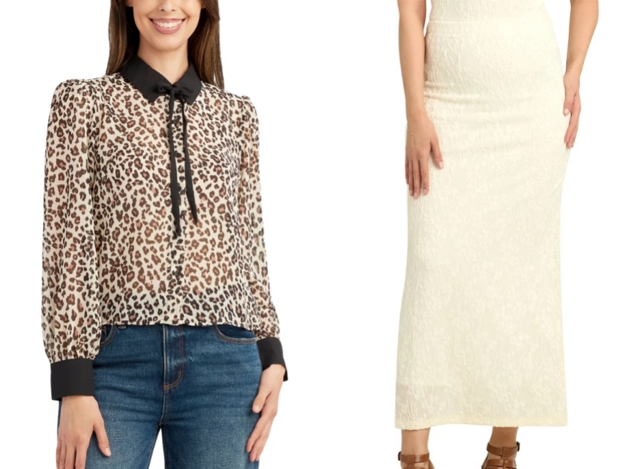 woman wearing an animal print blouse and jeans and lower half of a woman wearing a cream maxi skirt