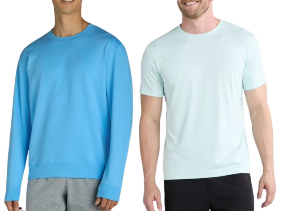 man wearing a blue sweatshirt and man wearing a light green tee