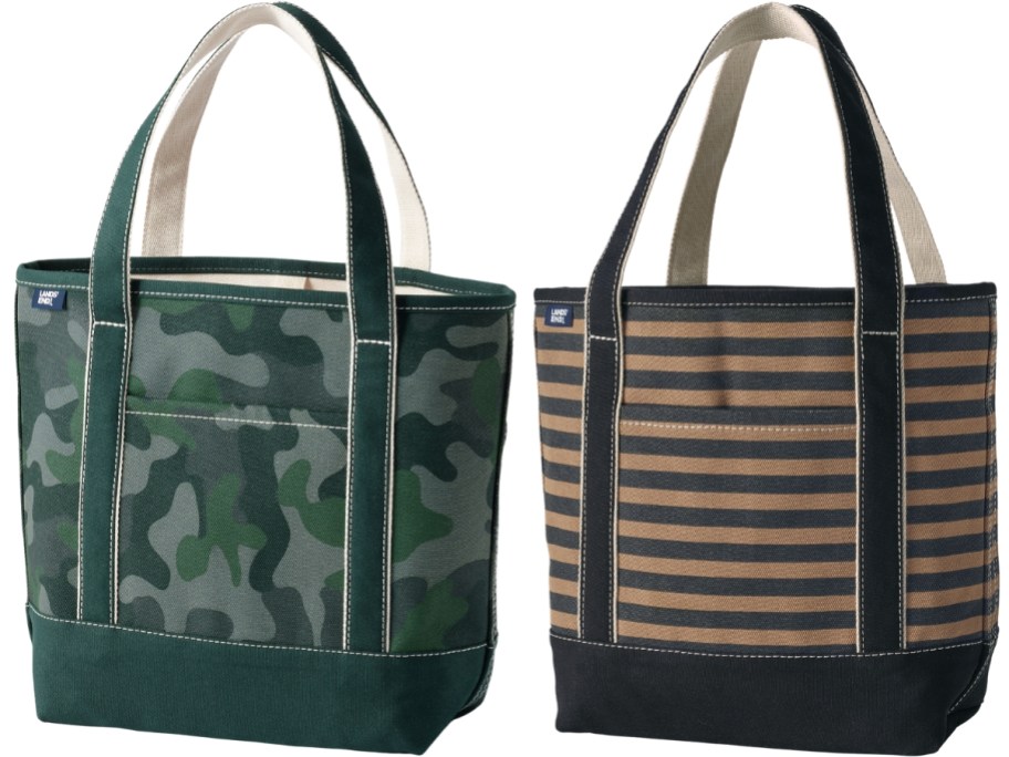 a green camo print and a brown and black stripe tote bag