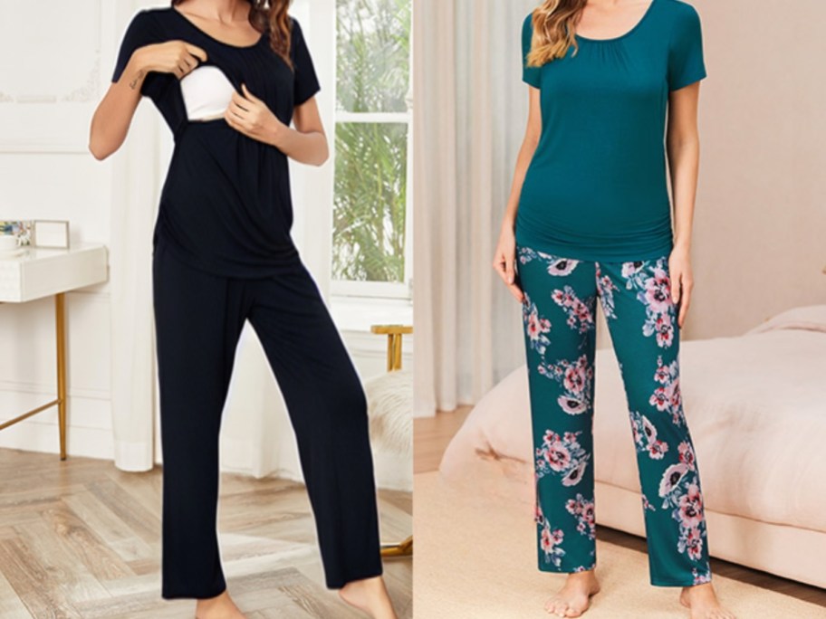 2 pregnant women wearing maternity pajamas
