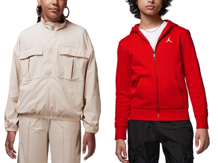 girl wearing a tan jacket and pants and boy wearing a red zip up hoodie and black pants
