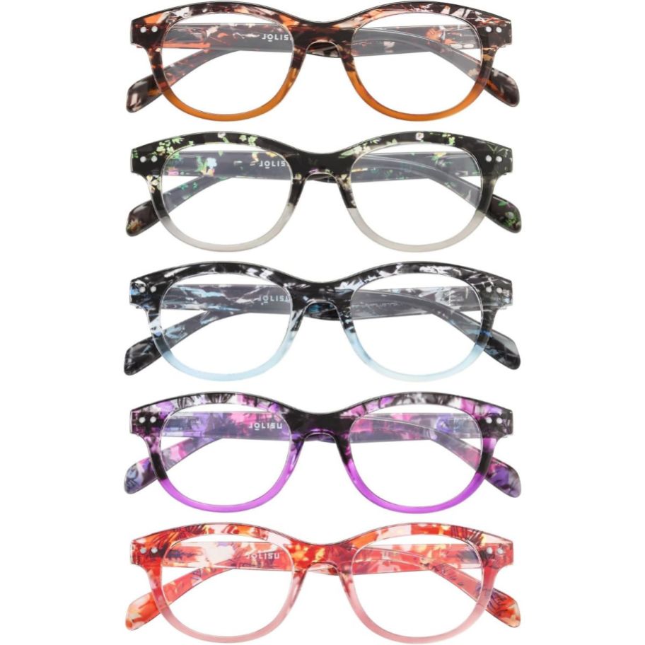 5 packs of blue light glasses stacked 