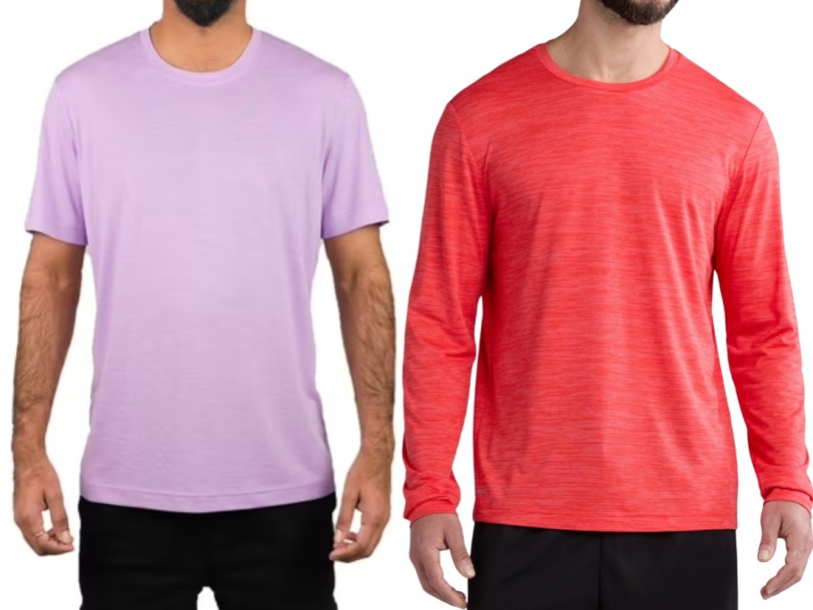 man wearing a pink tee and man wearing a coral color long sleeve tee