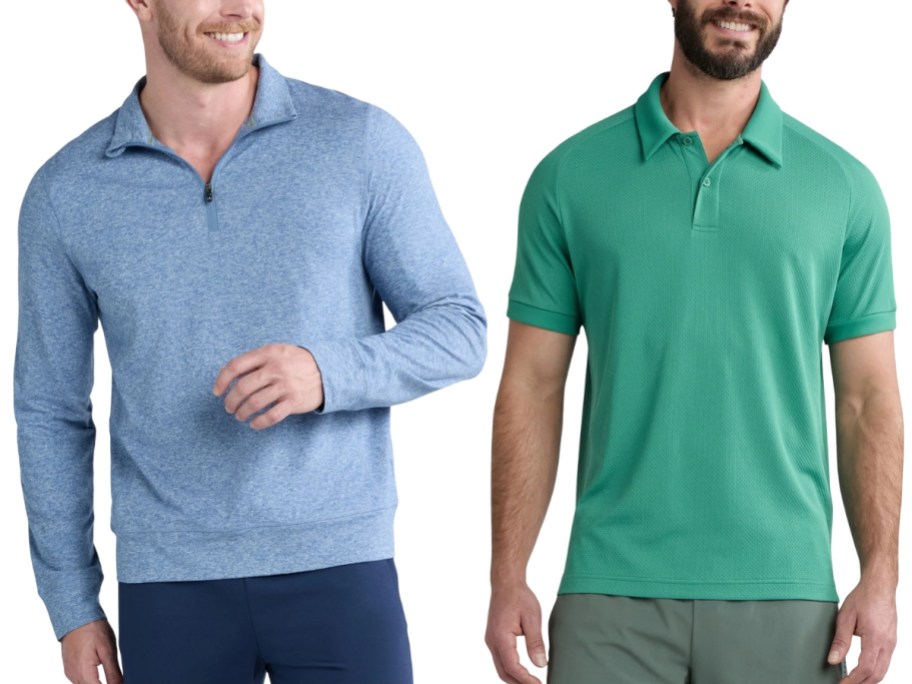 man wearing a blue quarter zip long sleeve shirt and man wearing a green polo shirt