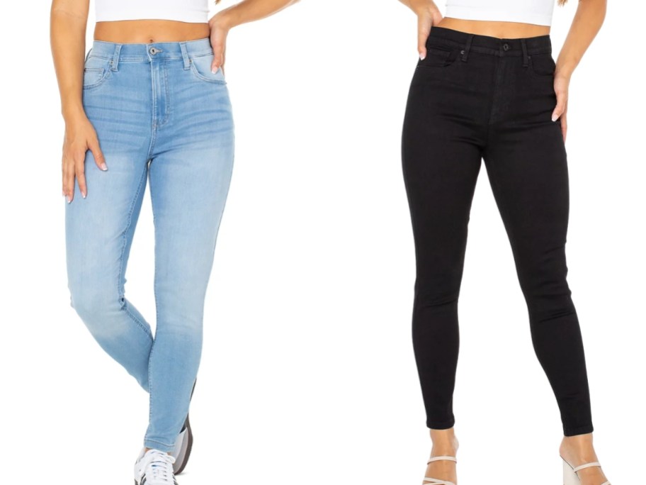 lower half of 2 women wearing skinny jeans