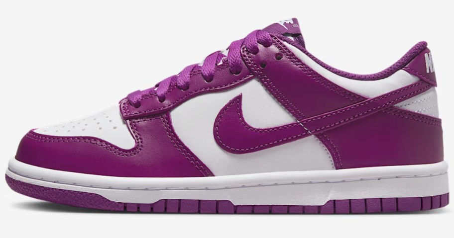 purple and white kids Nike dunk style shoe