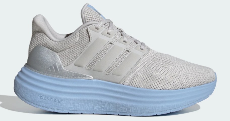 a grey and blue adidas women's running shoe