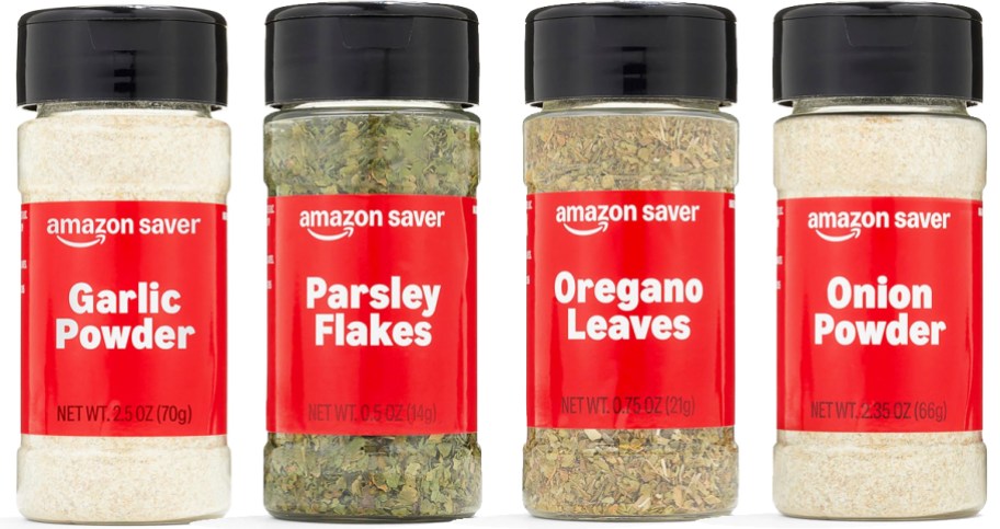 bottles of garlic powder, parsley flakes, oregano, and onion powder