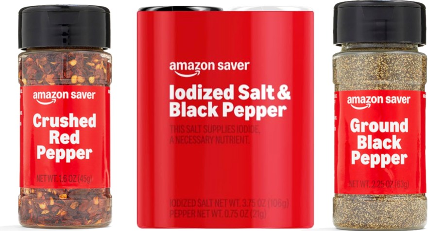 crushed red pepper flakes, salt & pepper set, and bottle of ground black pepper