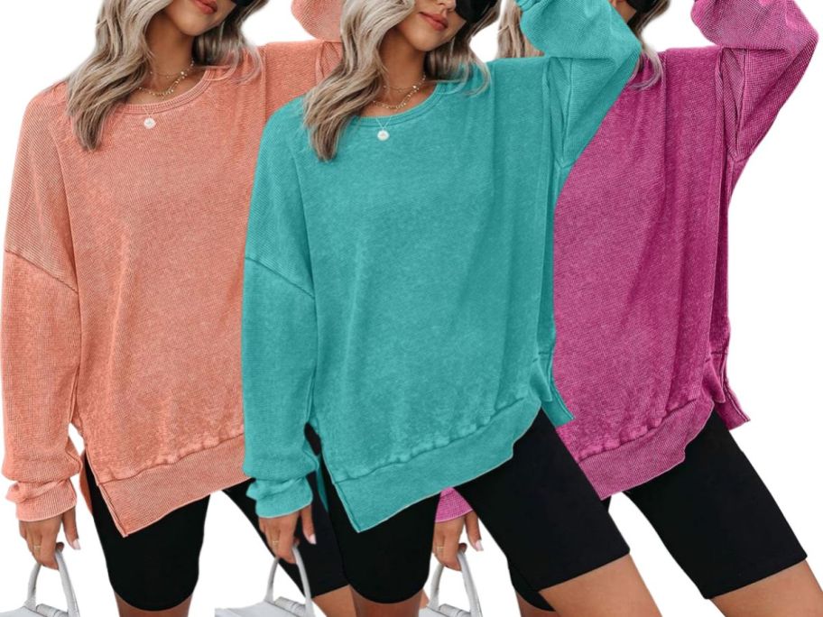 3 women wearing oversized sweatshirts