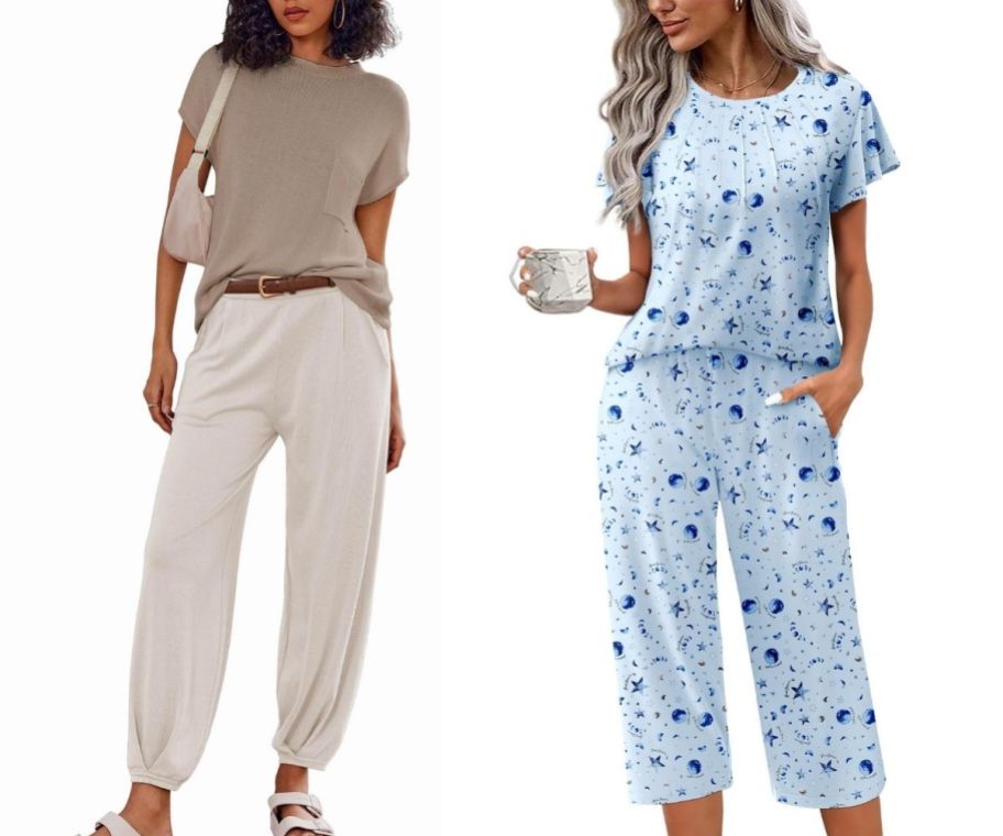 Amazon two piece lounge set and blue capri set next to it