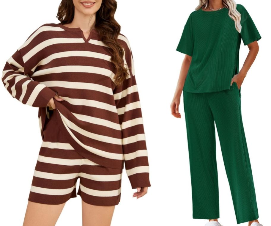 Woman wearing a brown long sleeve and shorts set next to a green long pants set