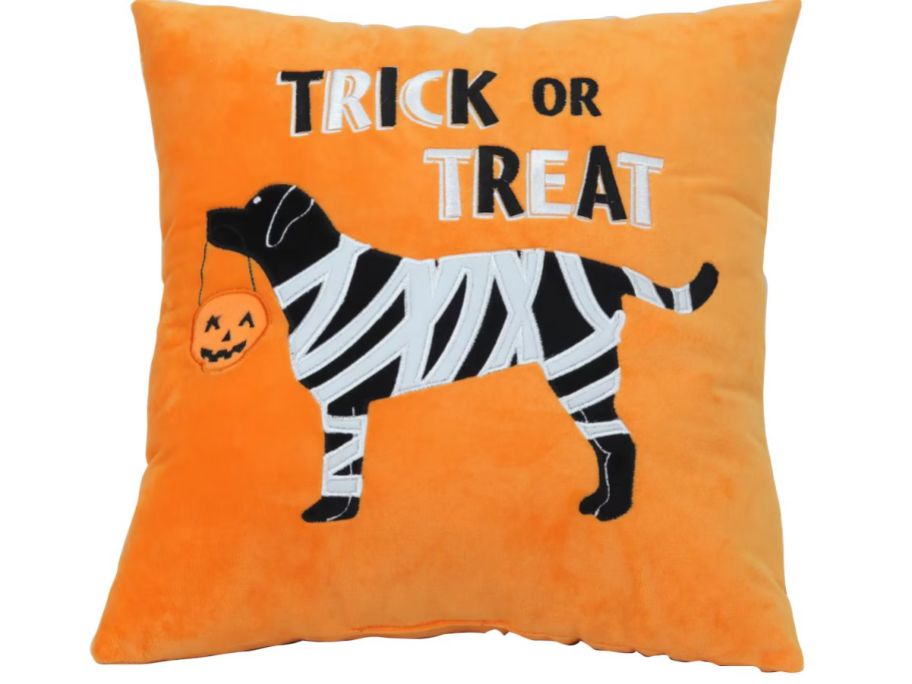 AN orange throw pillow with a dog dressed as a mummy